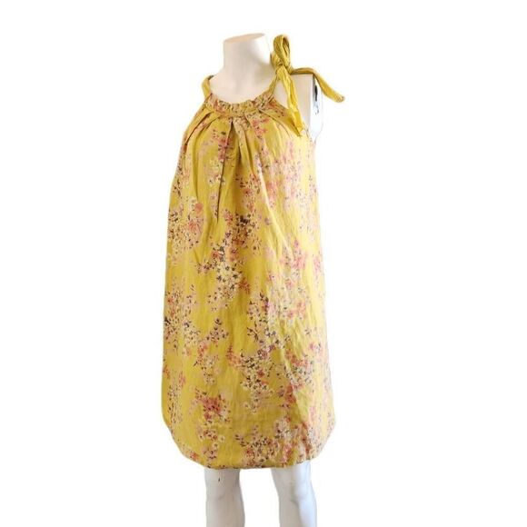Bellambra mustard floral sleeveless swing halter top dress pure 100% linen - Picture 2 of 6